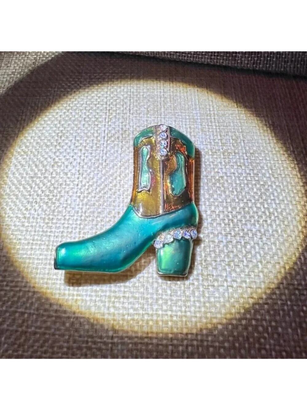 Enamel Cow Girl Brooch/Pin Green Gold with AB Rhinestones 2” EUC